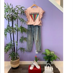 Italian Sequin Embroidered Pleated Ruffle Tshirt